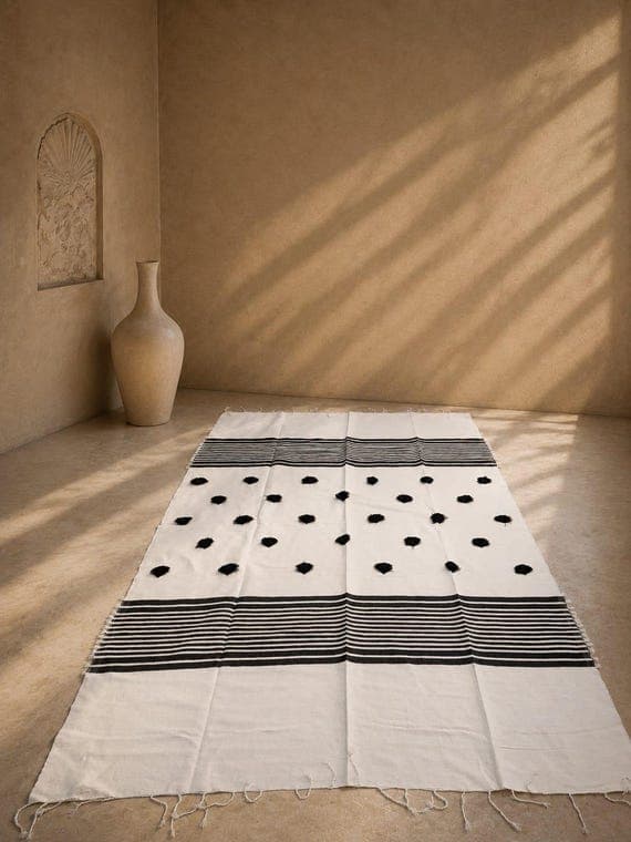 Riwaya : Black and White Moroccan Flatweave | Tufted Polka Dot & Stripe Area Rug | Boho Sofa Throw Blanket