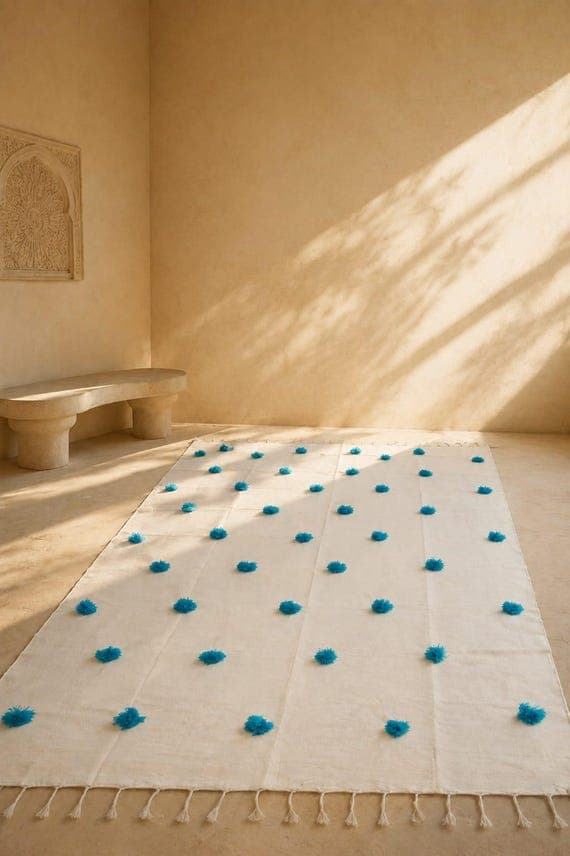 Dalia : Turquoise and White Moroccan Flatweave | Tufted Pom Pom Area Rug | Boho Sofa Throw Blanket