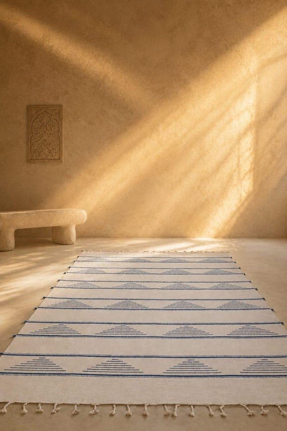 Abqa : Minimalist Moroccan Flatweave | Blue & White Geometric Area Rug or Sofa Throw | Coastal Boho Cotton Textile with Tassels