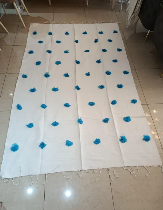 Moroccan Tufted Flatweave Rug | Turquoise and White Pom Pom Design | Dalia | 264 × 153 cm