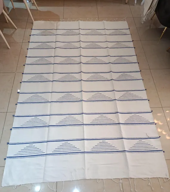 Moroccan Flatweave Rug | Blue and White Geometric Design with Tassels | Abqa | 253 × 153 cm