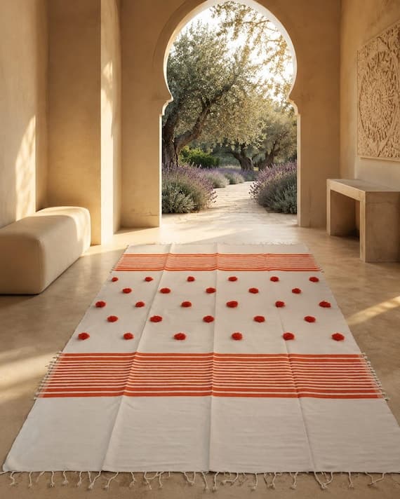 Ghanja : Orange and White Moroccan Flatweave | Tufted Polka Dot & Stripe Area Rug | Boho Sofa Throw Blanket