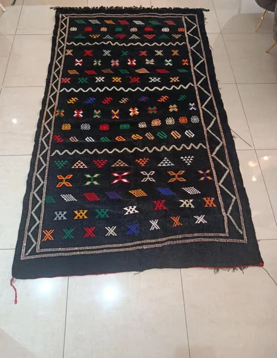 Moroccan Flatweave Rug | Black Multicolor Geometric Design | Fairouza | 228 × 136 cm